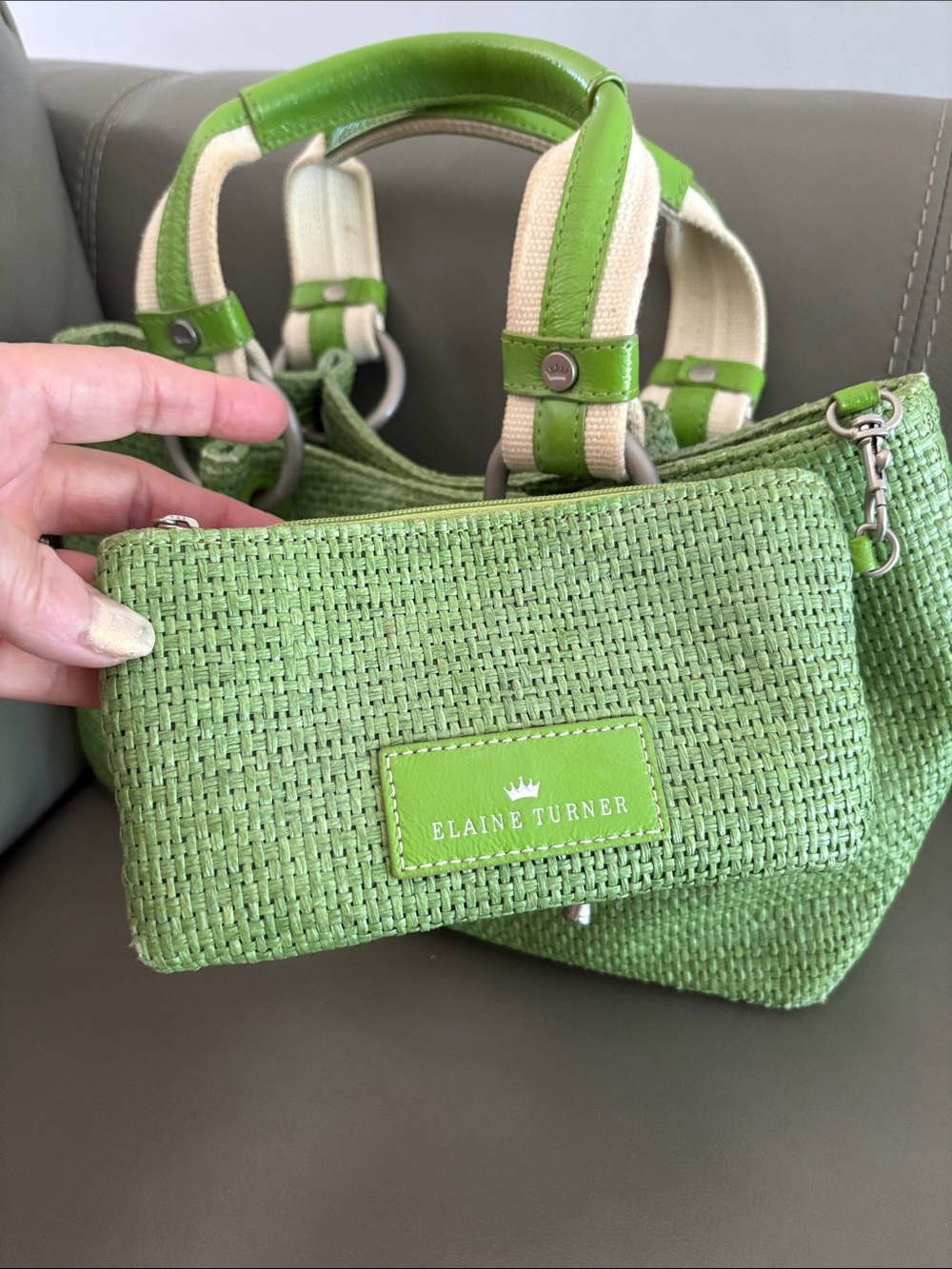 Elaine Turner Lime Green Woven Shoulder Tote with Wristlet - Picture 4 of 16